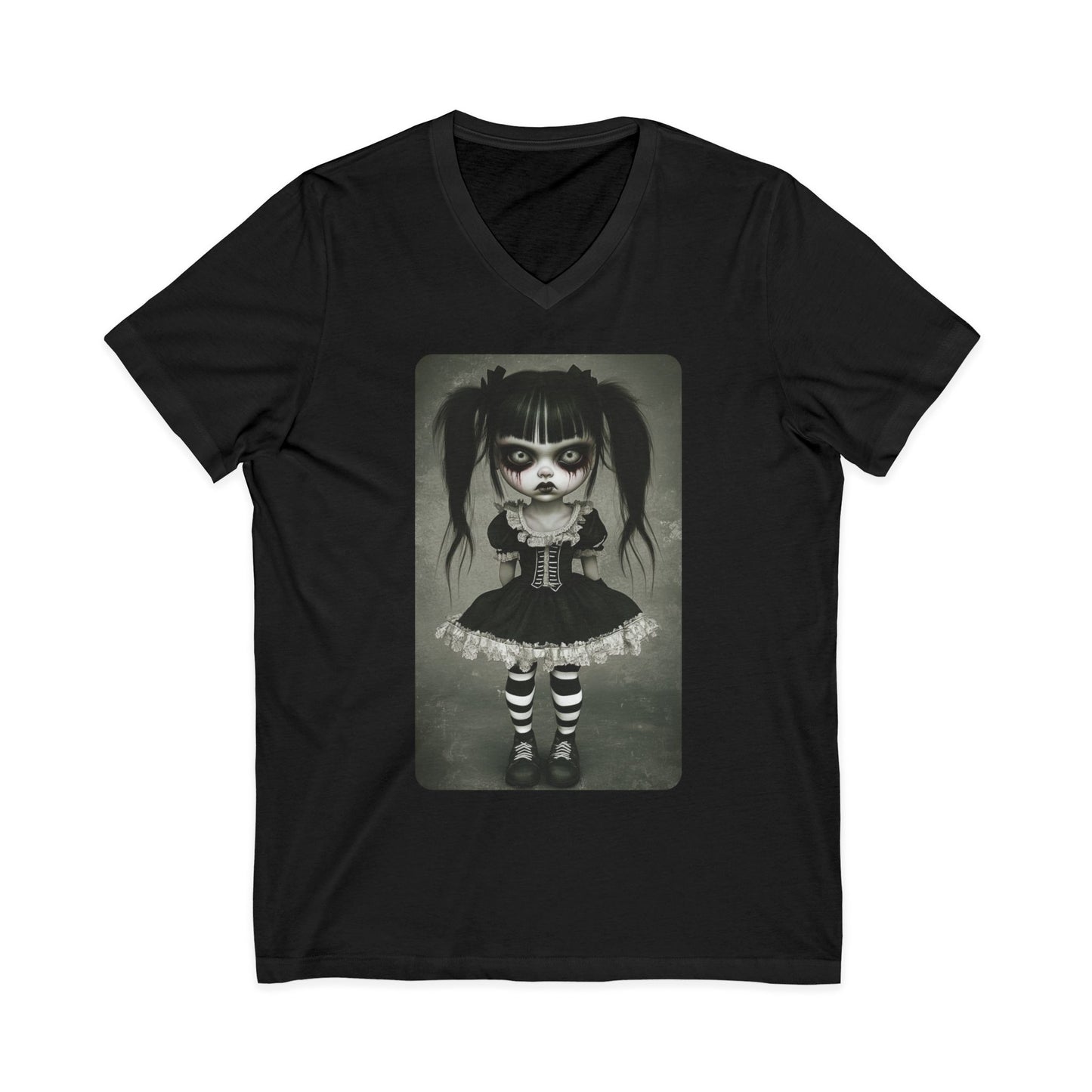 Gothic Doll V-Neck Tee - Unique Graphic T-Shirt for Halloween, Alternative Fashion, Spooky Vibe, Gift for Her, Casual Wear
