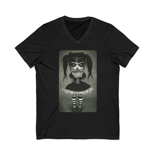 Gothic Doll V-Neck Tee - Unique Graphic T-Shirt for Halloween, Alternative Fashion, Spooky Vibe, Gift for Her, Casual Wear