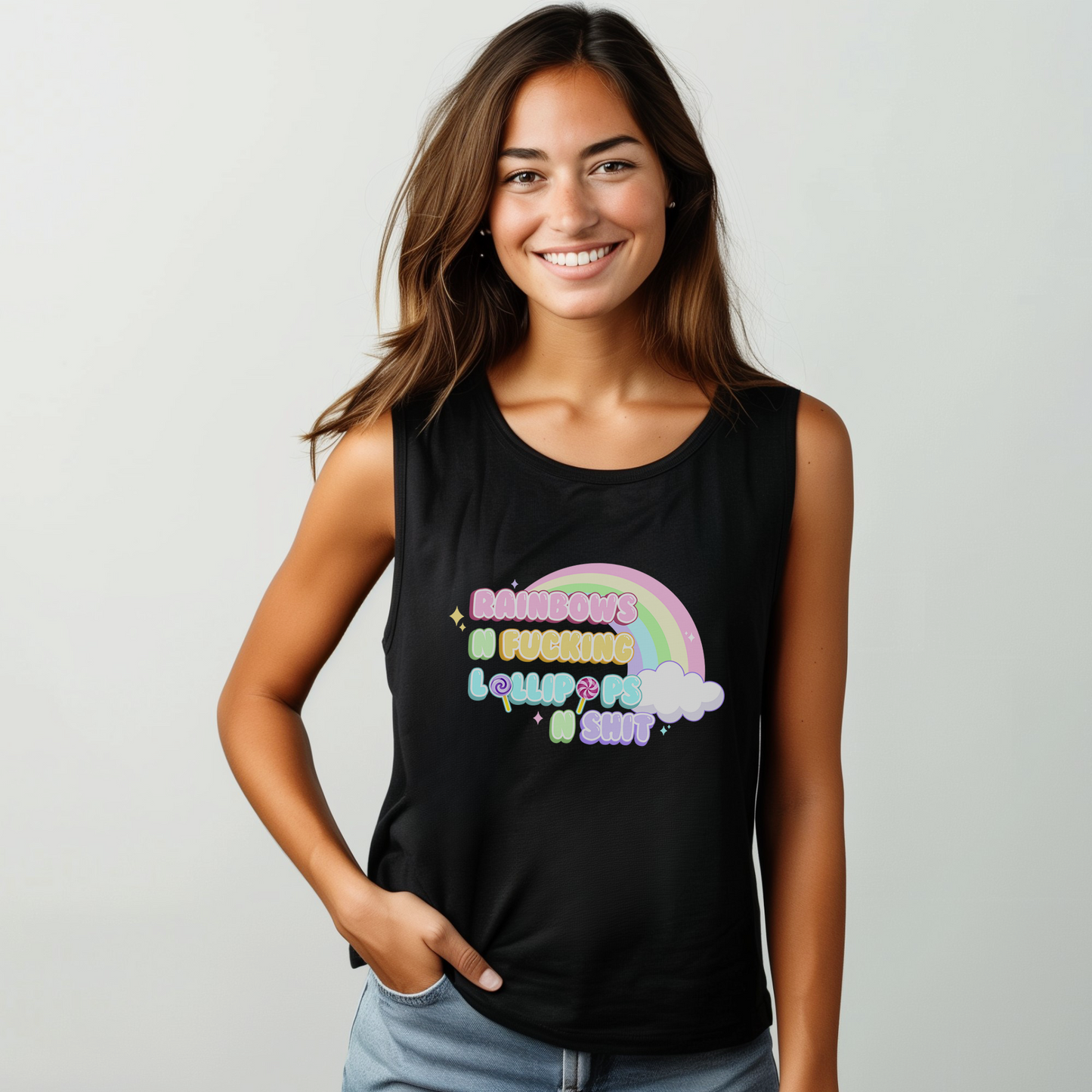 Rainbows n Lollipops Flowy Scoop Muscle Tank